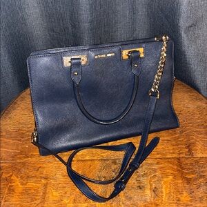 Michael by Michael Kors Structured Navy Blue Satchel with Gold Accents